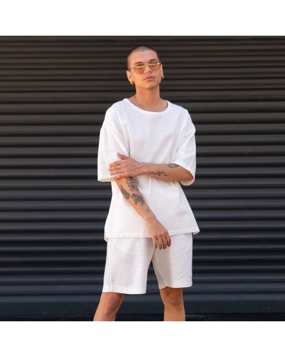 Men's Oversized Linen Shorts Set White | Martin Valen