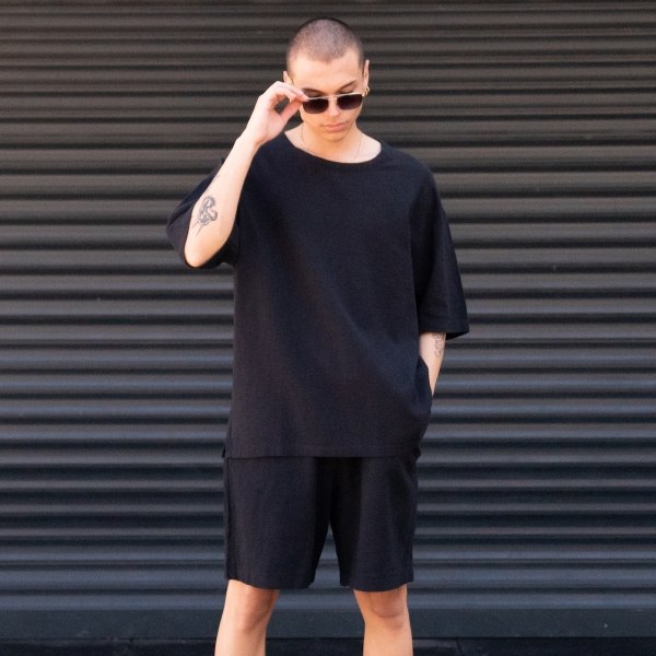 Men's Oversized Linen Shorts Set Black - 2