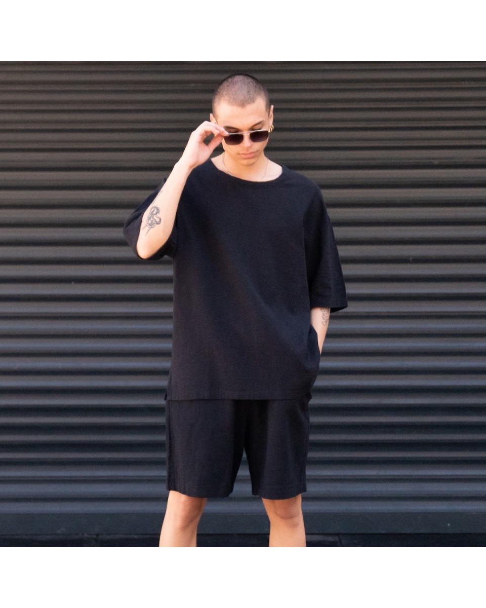Men's Oversized Linen Shorts Set Black | Martin Valen