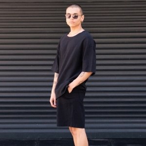 Men's Oversized Linen Shorts Set Black - 3