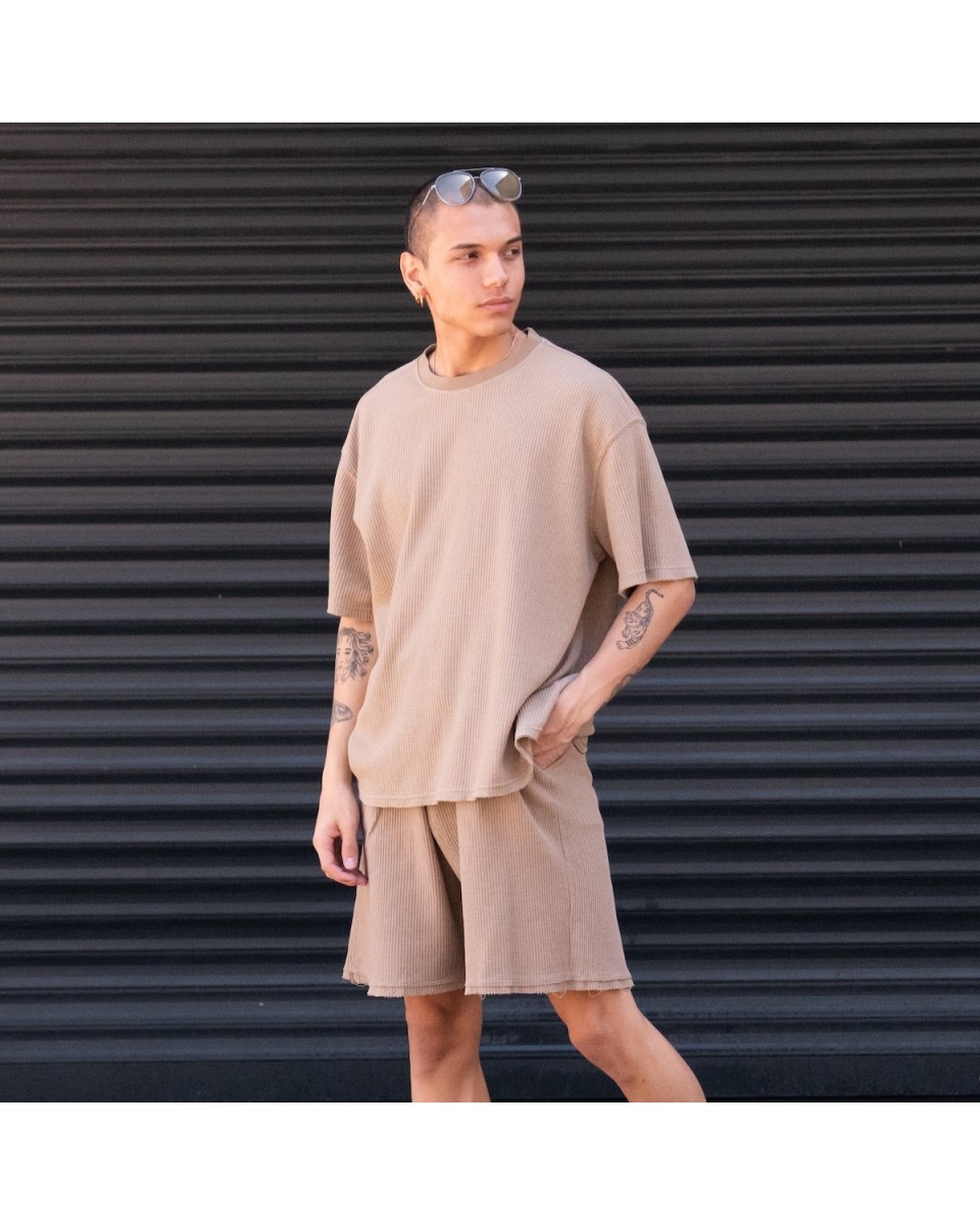 Men's Oversized Corduroy Knitwear Fabric Brown Shorts Set | Martin Valen