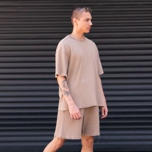 Men's Oversized Corduroy Knitwear Fabric Brown Shorts Set - 5
