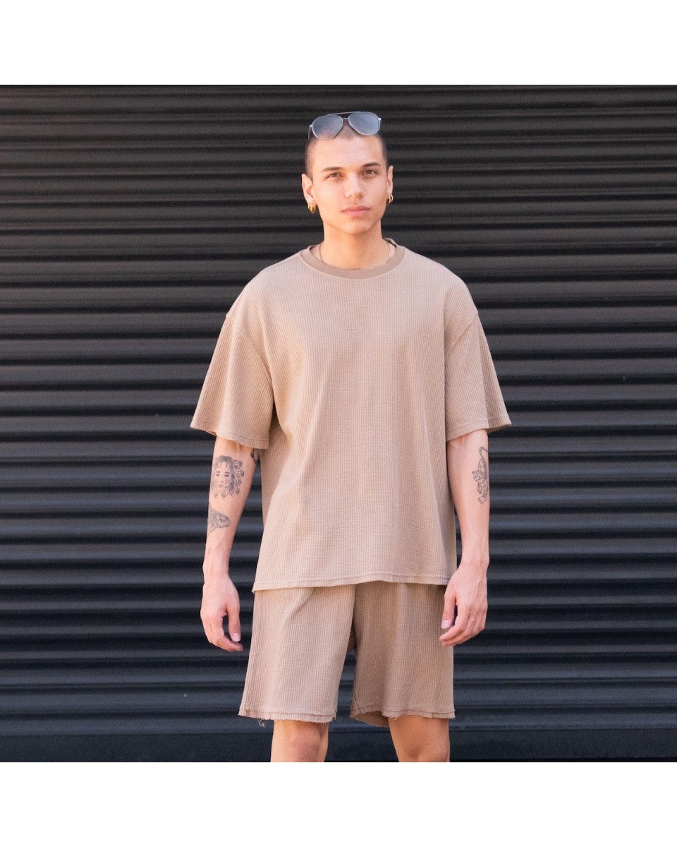 Men's Oversized Corduroy Knitwear Fabric Brown Shorts Set | Martin Valen