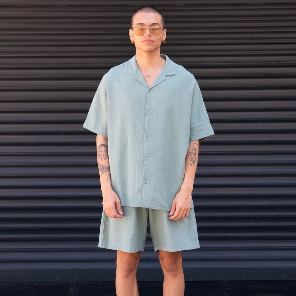 Men's Oversized Linen Shorts Set Khaki - 1