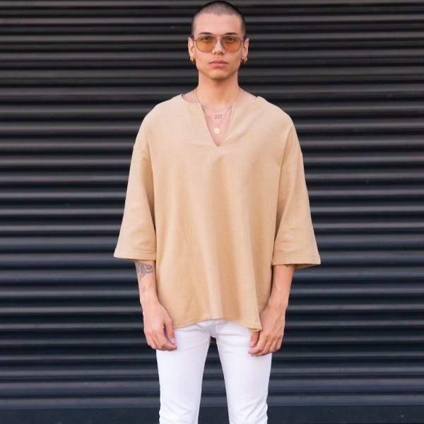 Men's Linen Fabric Oversized Tan T-shirt - 1