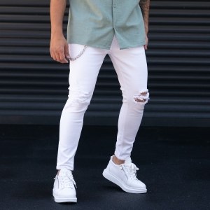 Men's Skinny Leg Ripped Knees White Jeans - 5
