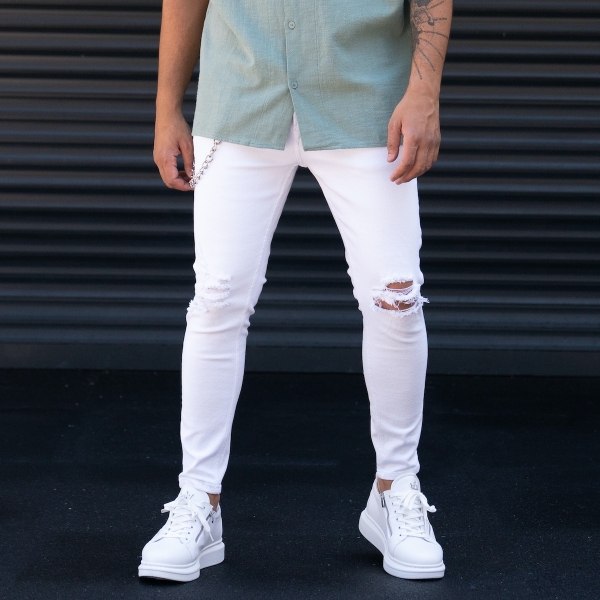 Men's Skinny Leg Ripped Knees White Jeans - 4