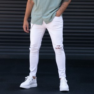 Men's Skinny Leg Ripped Knees White Jeans - 6