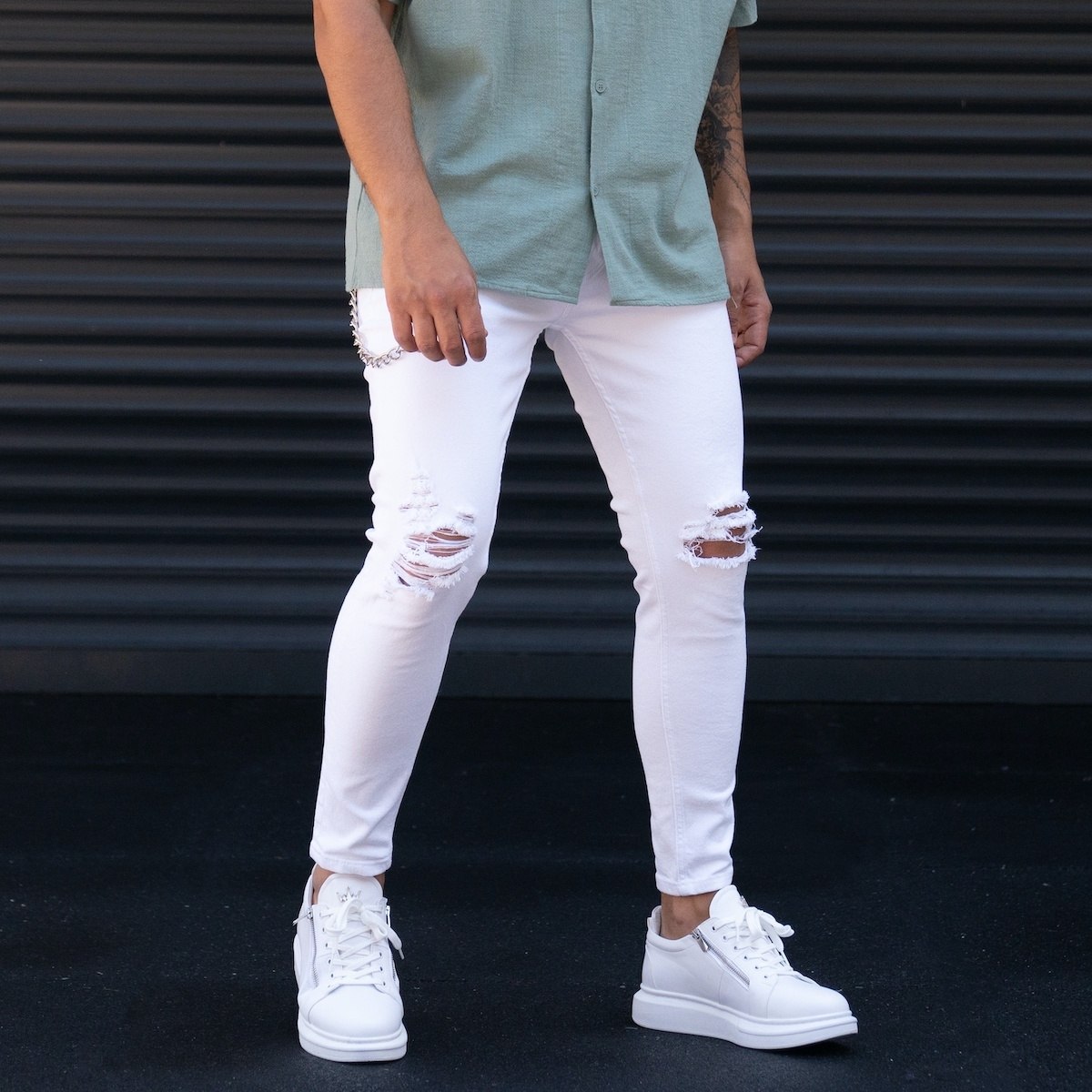 Jeans Skinny pour Hommes Avec Genoux Déchirés en Blanc | Martin Valen