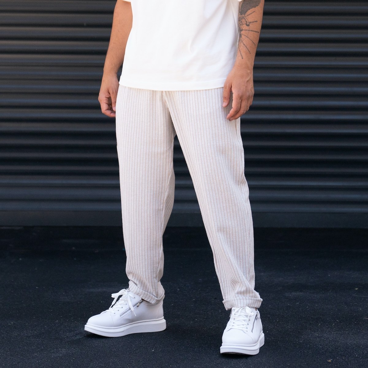Men's Oversized Striped Beige Linen Trousers | Martin Valen