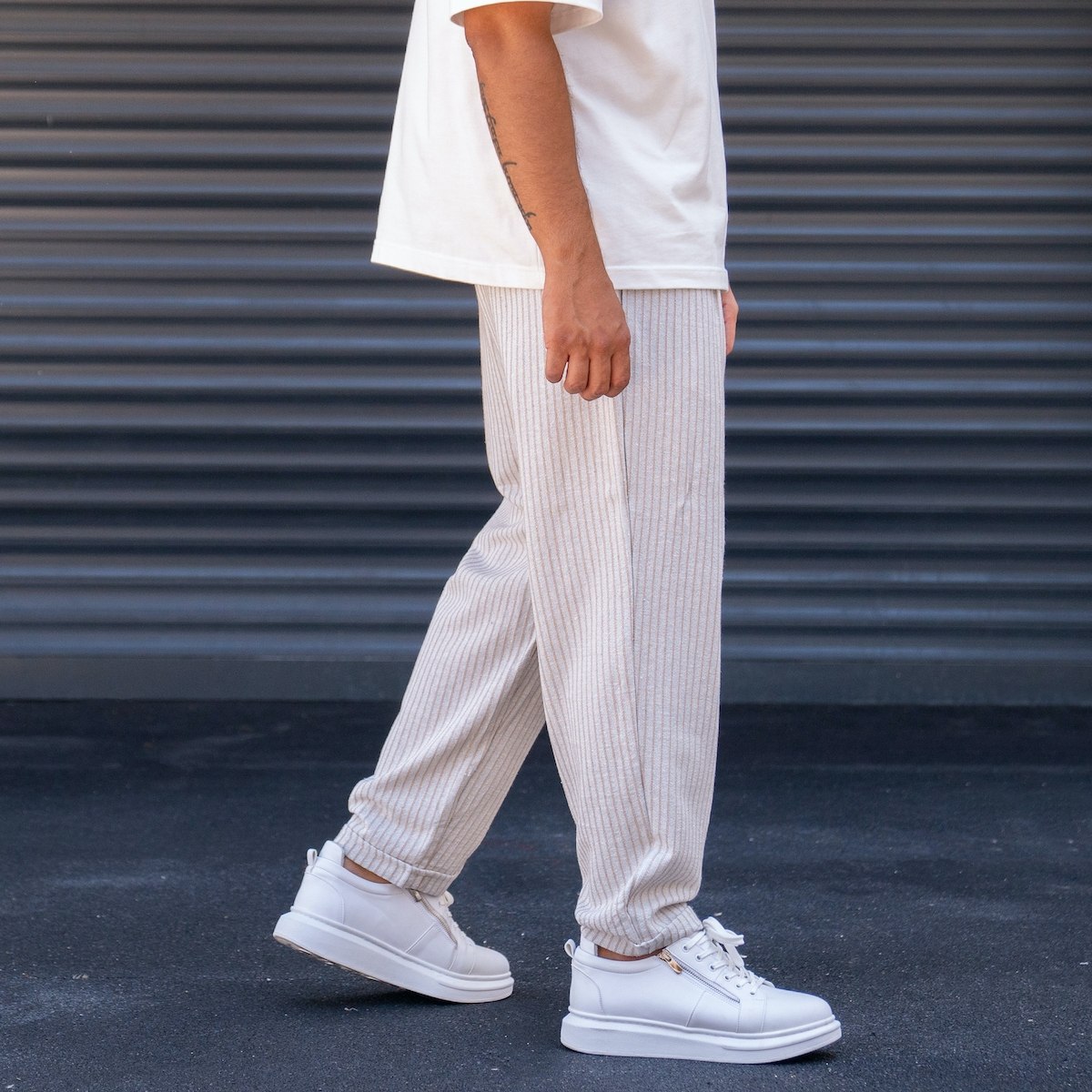 Men's Oversize Striped Beige Linen Trousers | Martin Valen