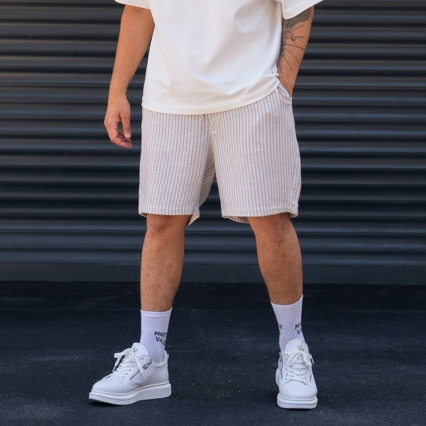 Men's Oversized Striped Beige Linen Fabric Shorts - 1