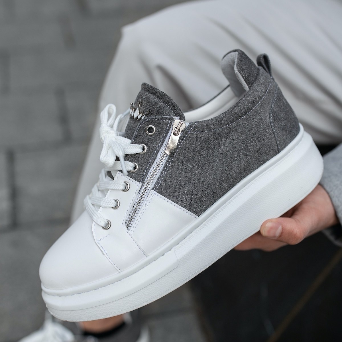 Plateau Sneakers Schuhe mit Reissverschluss in grau-weiss | Martin Valen