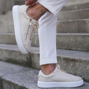 Men's Low Top Sneakers Gold Zipper Casual Shoes Cream