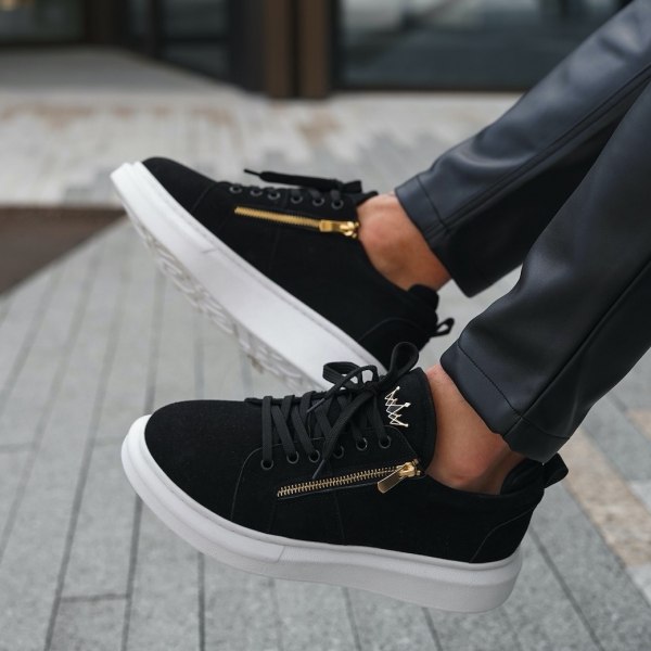 Chunky Suede Sneakers Gold Zipper Designer Shoes Black