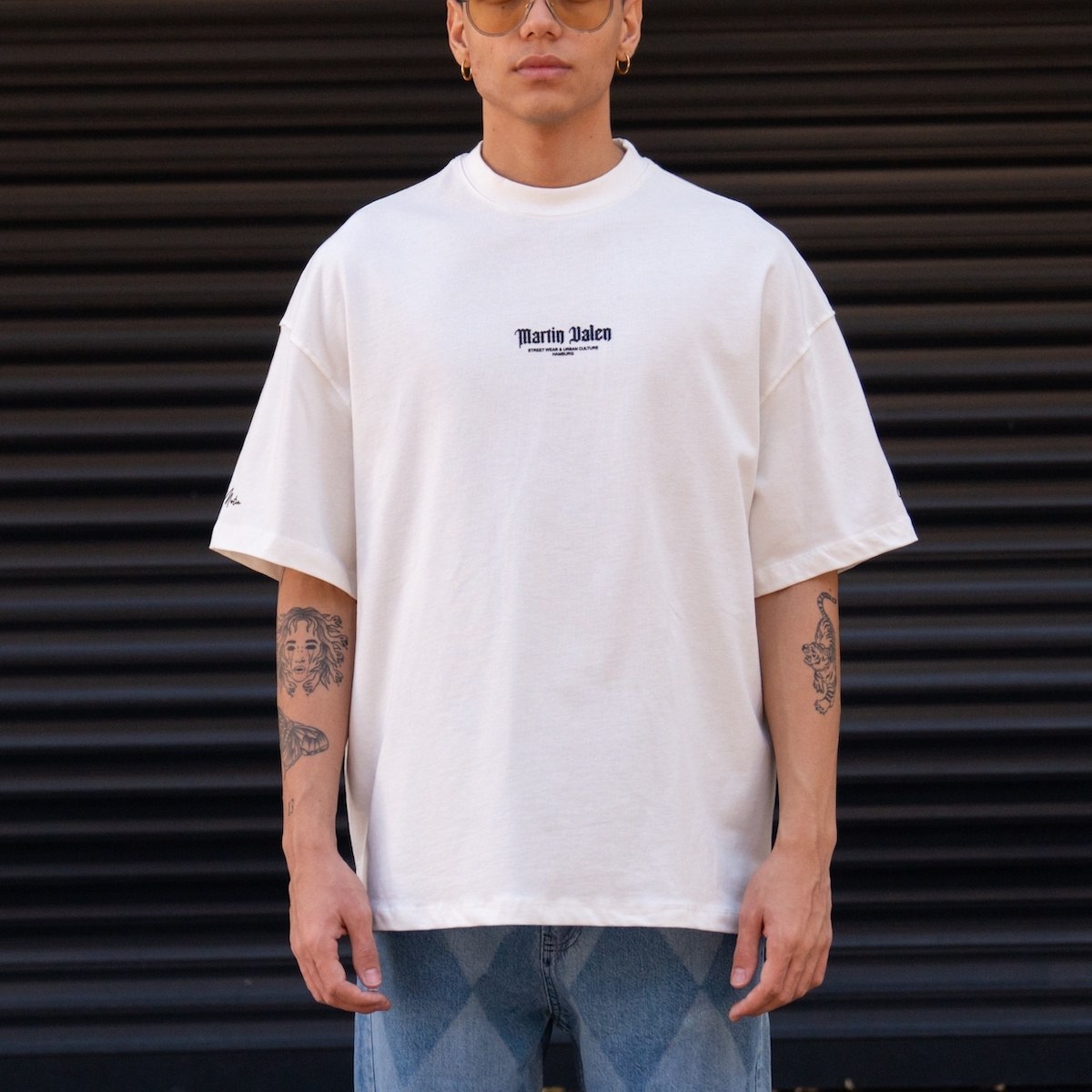 Übergroßes Martin Valen-Ärmel- und Brust-3D-gedrucktes weißes schweres T-Shirt für Herren