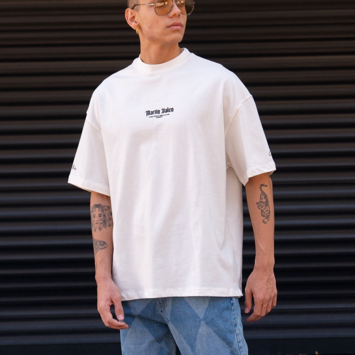 Men's Oversize Martin Valen Sleeve and Chest 3D Printed White Heavy T-Shirt