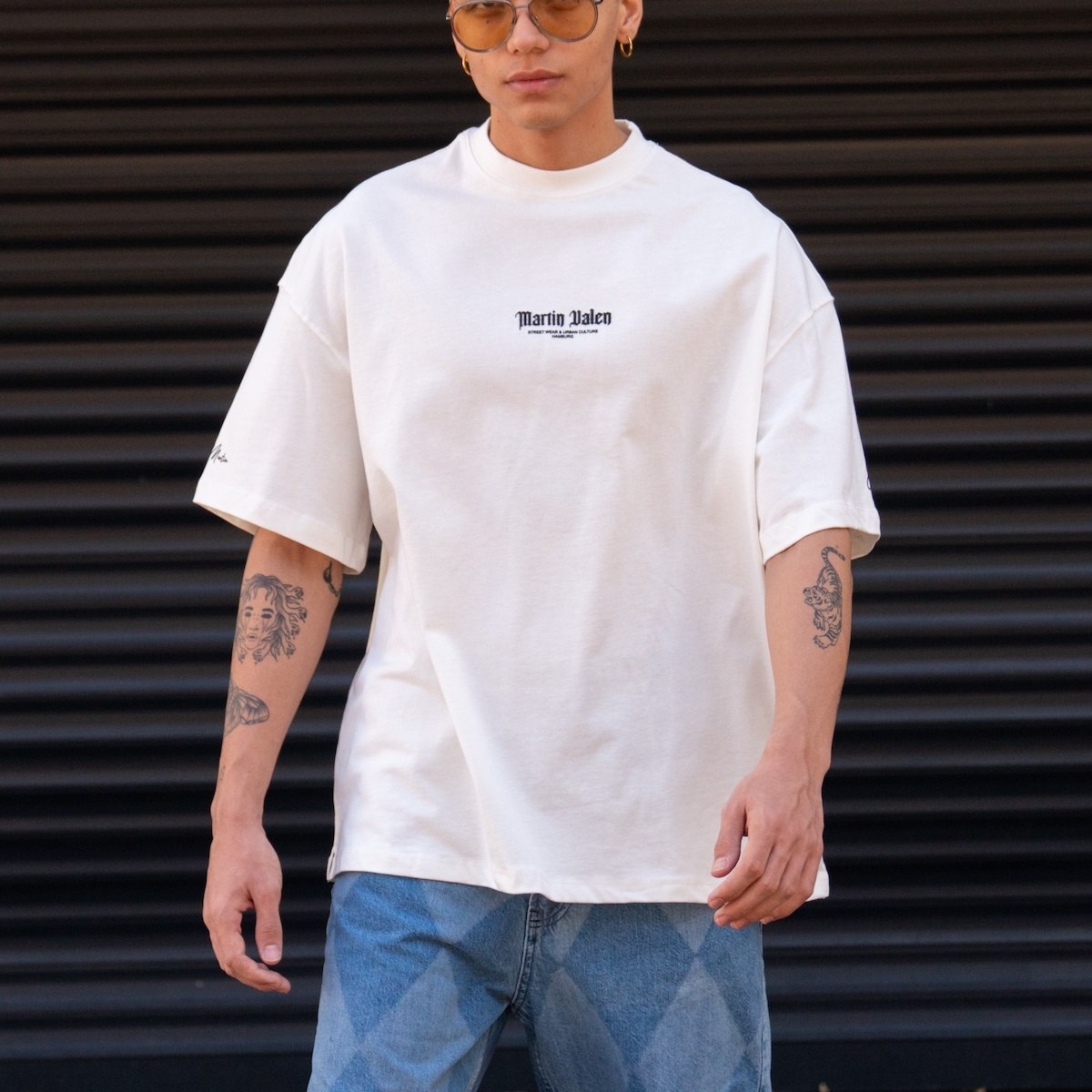 Men's Oversized Martin Valen Sleeve and Chest 3D Printed White Heavy T-Shirt | Martin Valen