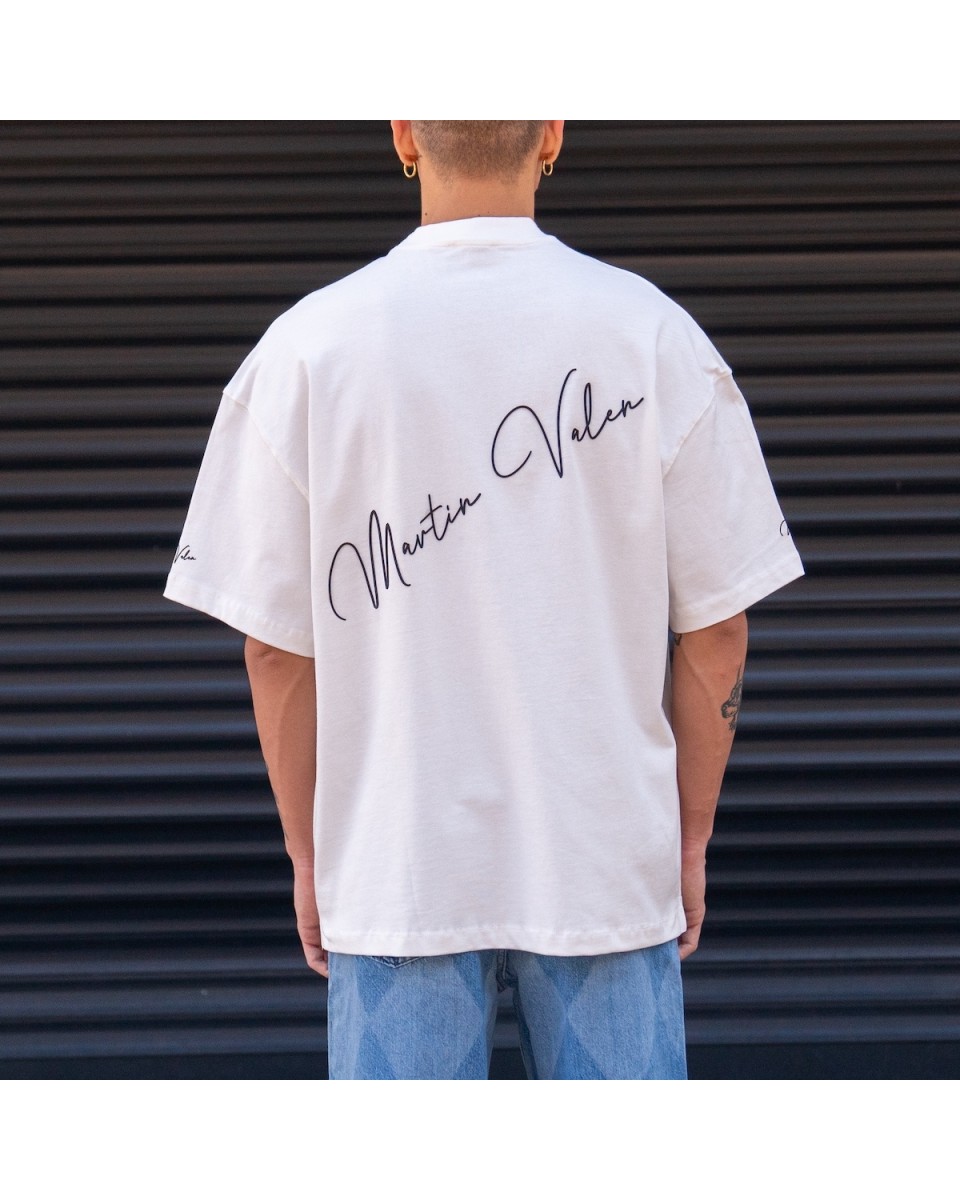 Camiseta pesada blanca con estampado 3D de manga, pecho y espalda de Martin Valen de gran tamaño para hombre | Martin Valen