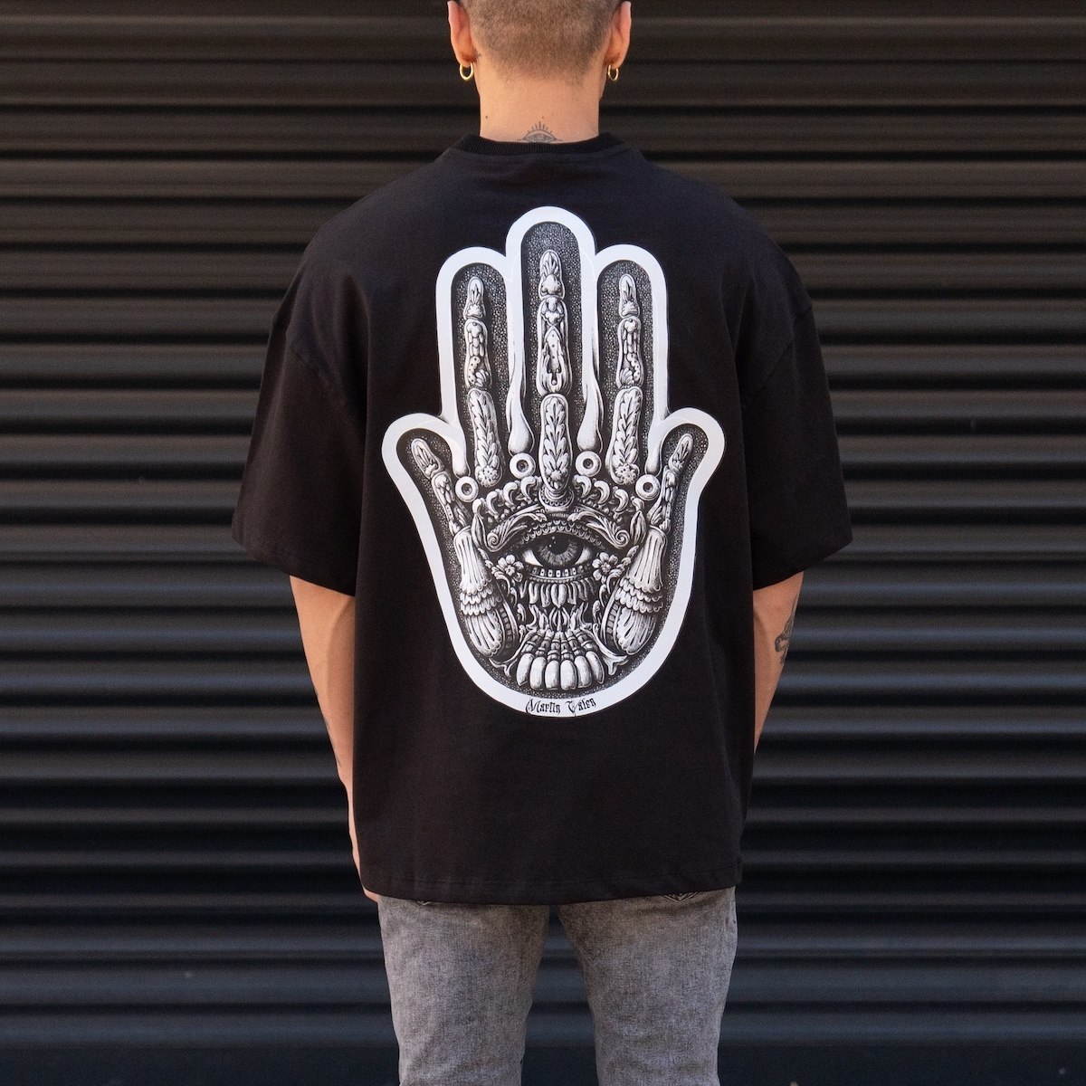 T-shirt pesante nera stampata in 3D oversize su petto e schiena da uomo