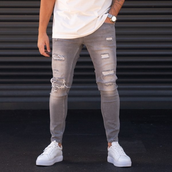 Men's Slim-Fit Stone Washed Gray Lycra Ripped Jeans
