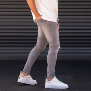 Men's Slim-Fit Stone Washed Gray Lycra Ripped Jeans - 4