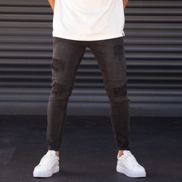 Men's Slim-Fit Black Lycra Ripped Jeans