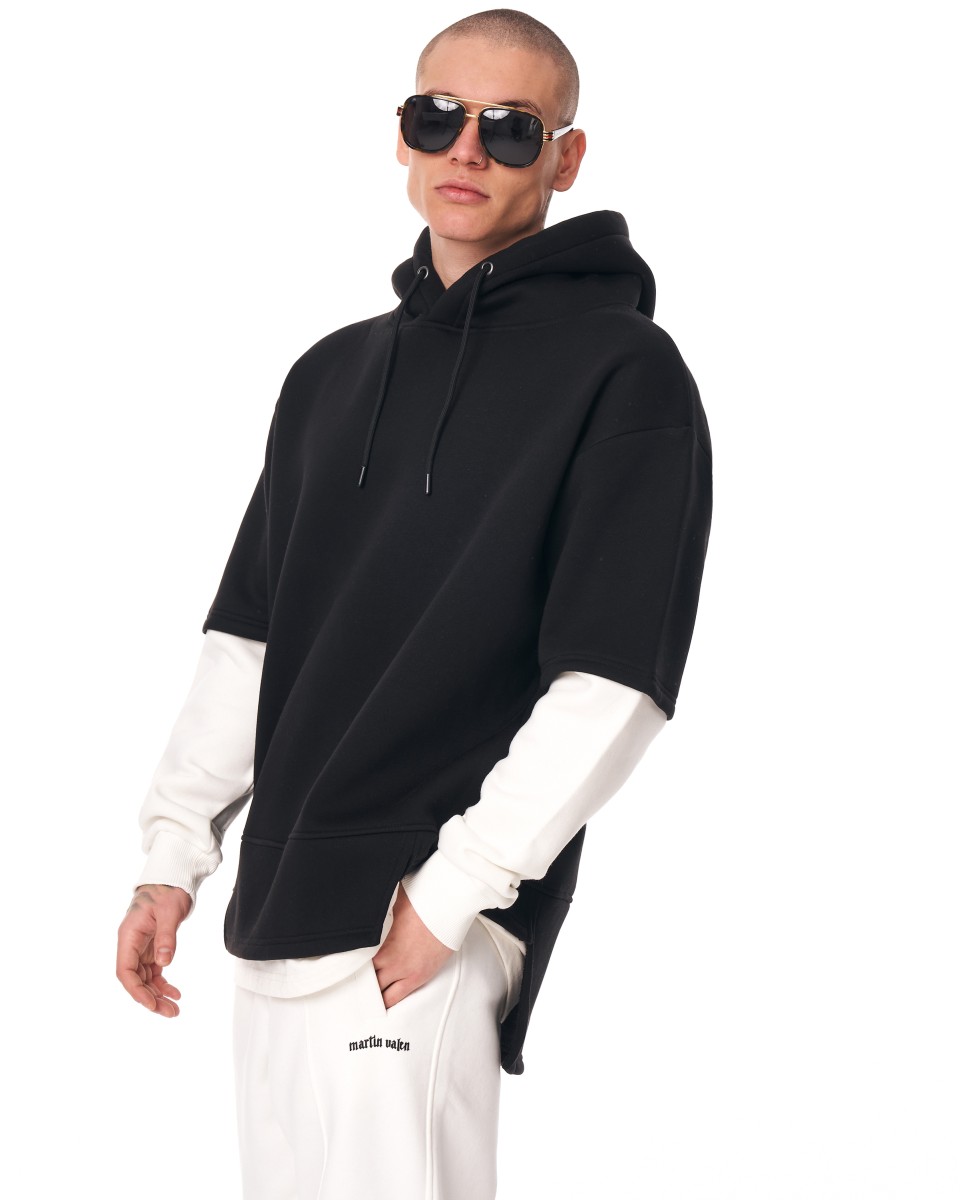 Men's Oversize Half Sleeve Detailed Hoodie Black&White - 4