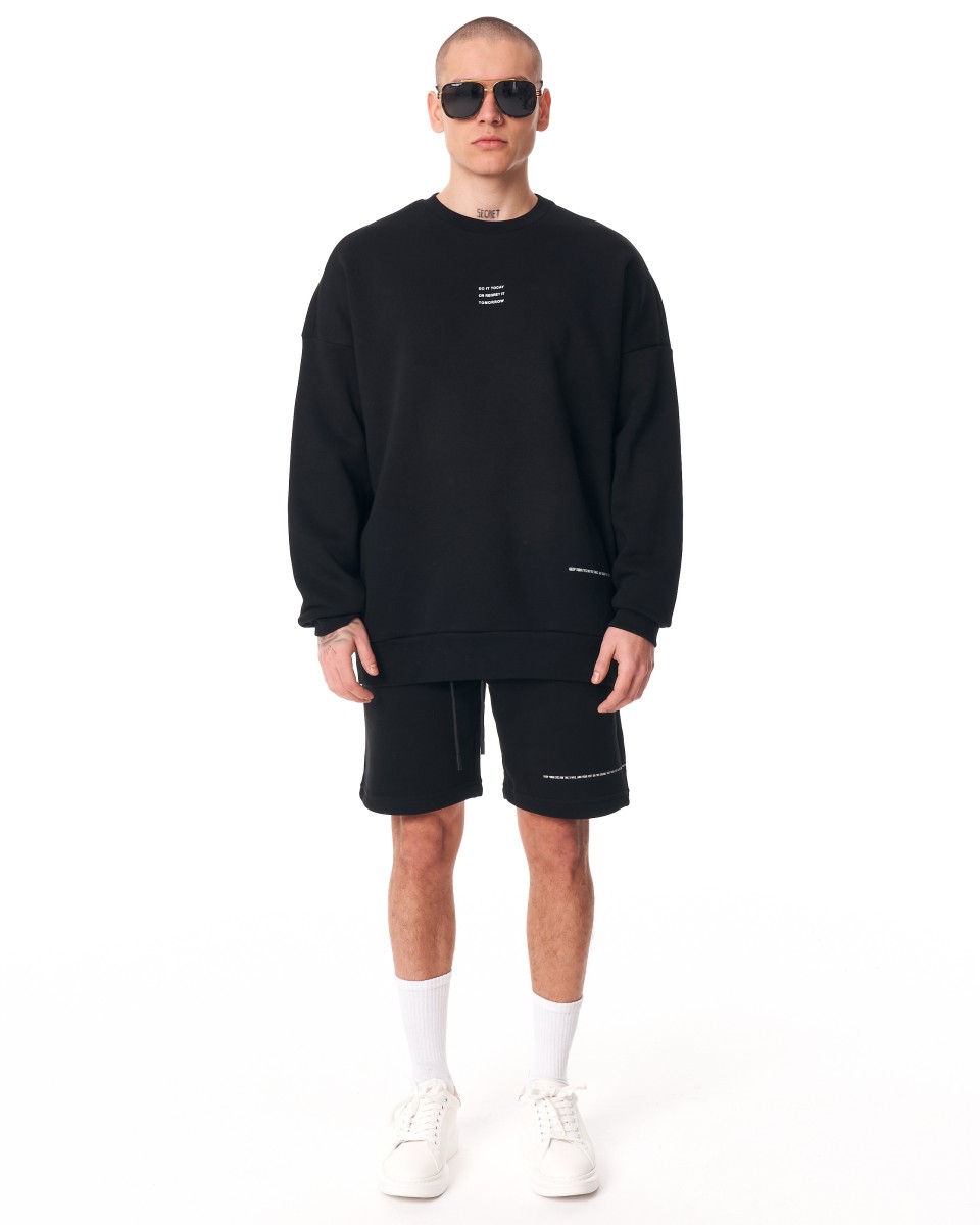 Men's Oversized Signature Detail Black Sweatshirt and Shorts Suit