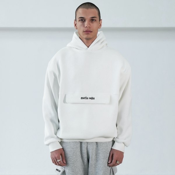 Men's Oversized Kangaroo Pocket White Sweatshirt with Hood - 1