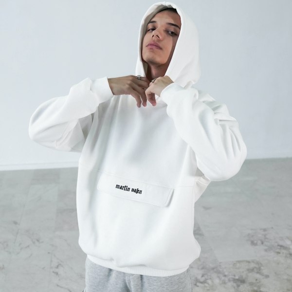 Men's Oversized Kangaroo Pocket White Sweatshirt with Hood - 1