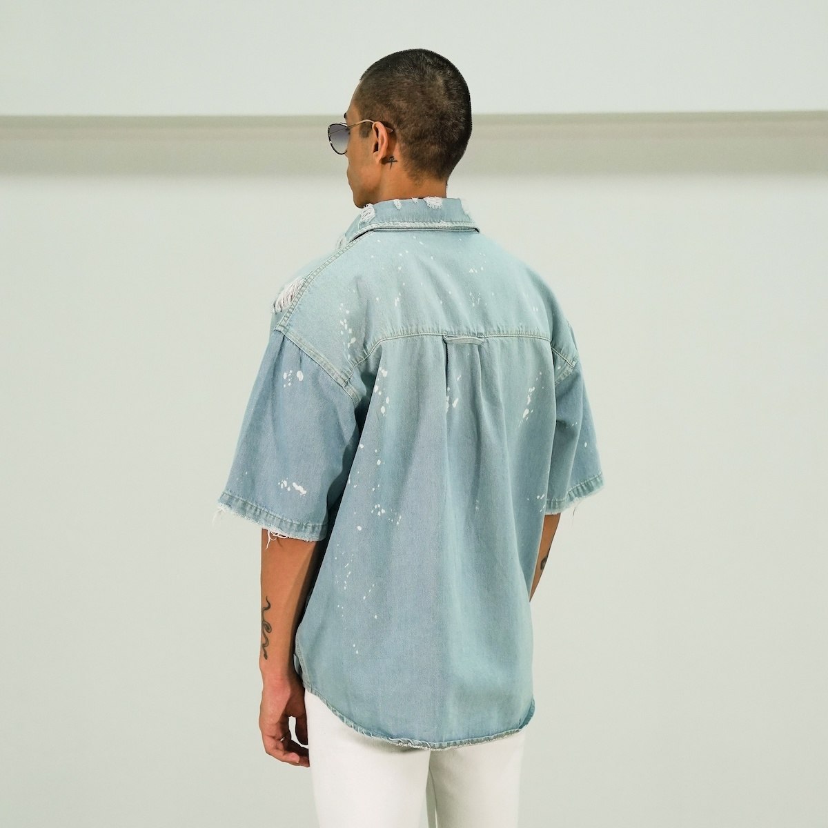 Men's Ripped Oversize Ice Blue Denim Shirt | Martin Valen