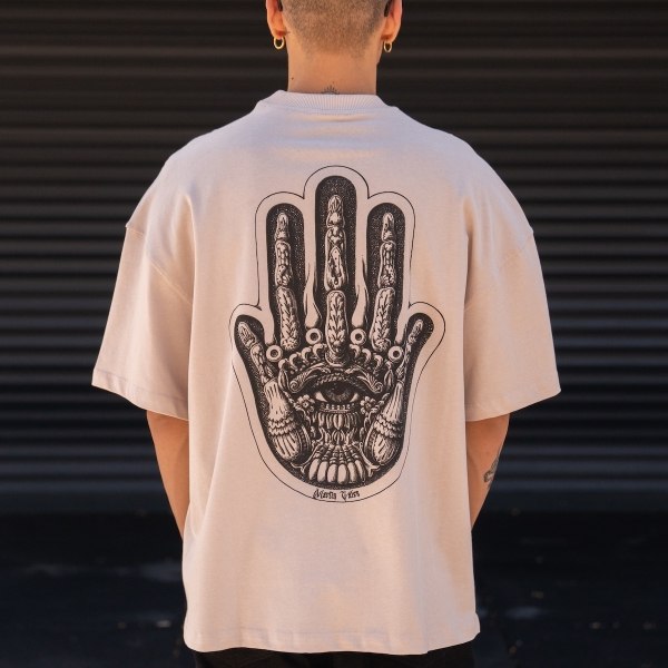 Men's Oversize Chest 3D Printed Back Transfer Printed Beige T-Shirt - 2