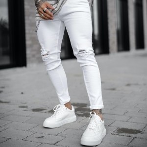 Men's Skinny Leg Ripped Knees White Jeans - 1