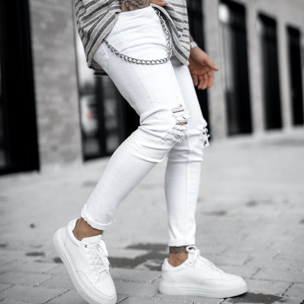 Men's Skinny Leg Ripped Knees White Jeans - 3