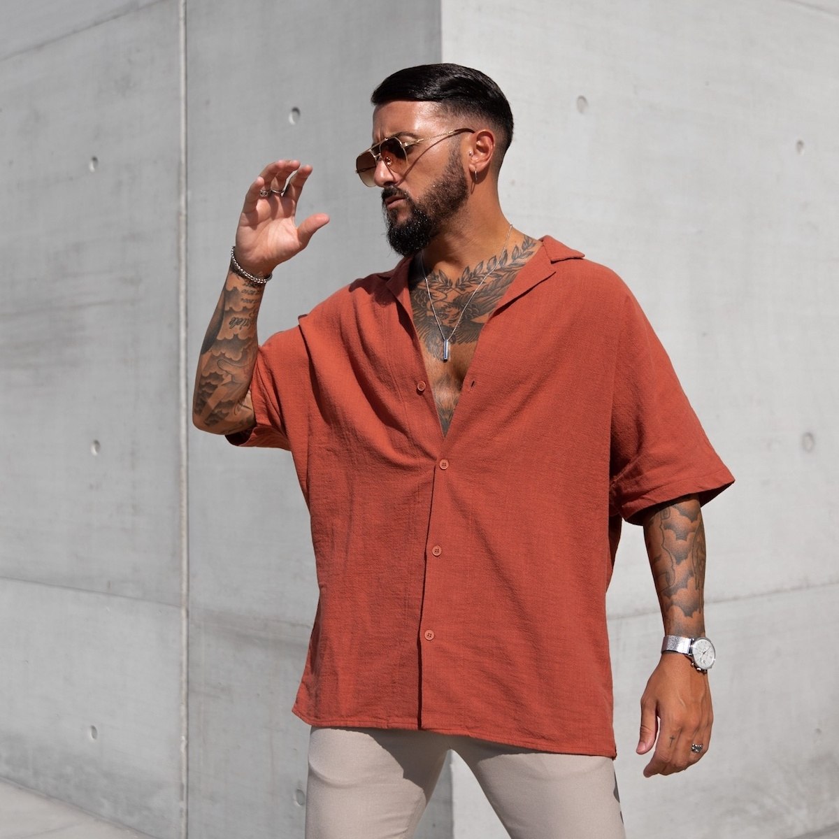 Men's Linen Fabric Oversized Tile Color Shirt - Brown