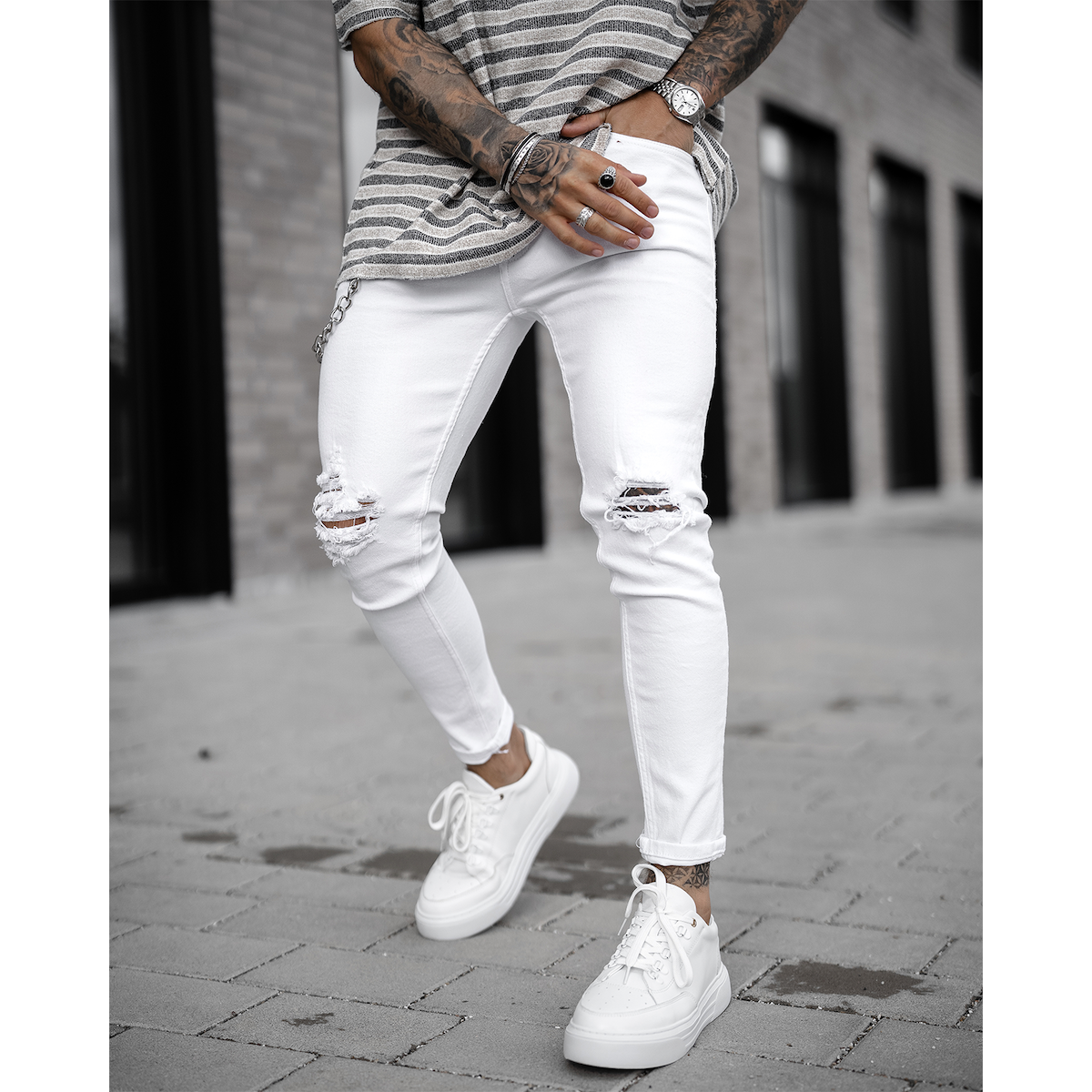 White Ripped Design Slim Fit Jeans, Men's Casual Street, 41% OFF