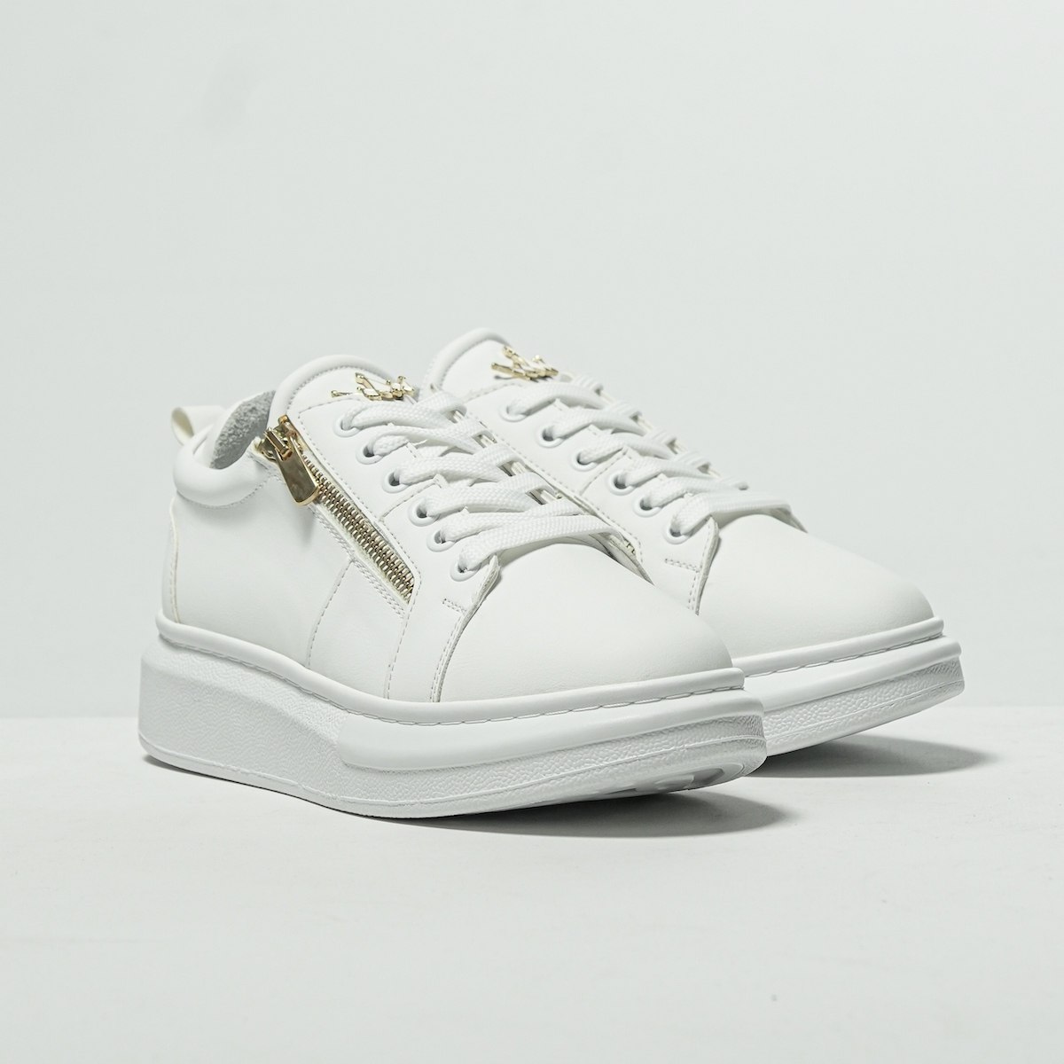 Plateau Sneakers Designer mit Gold Reißverschluss Schuhe Weiß | Martin Valen