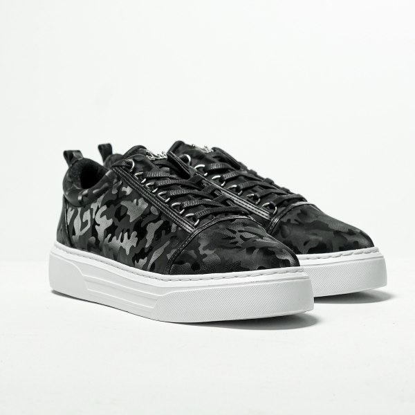 Herren Low Top Sneakers Schuhe mit Krone in camouflage schwarz - 2