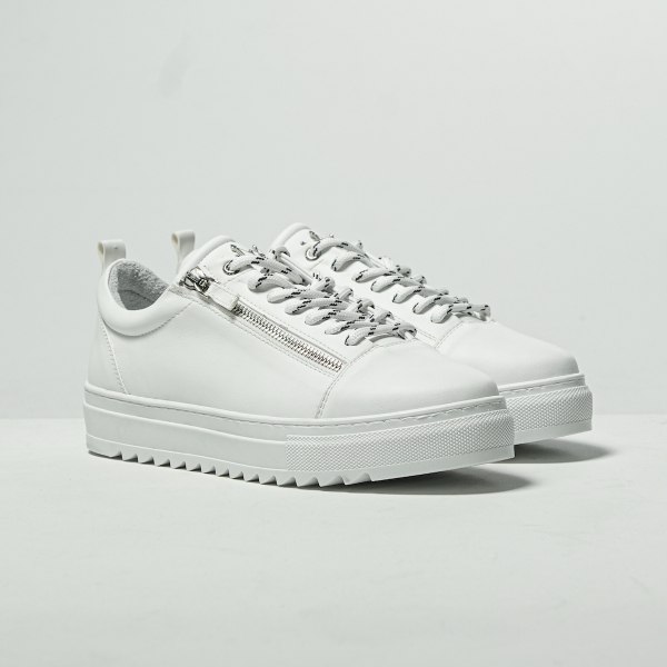 Men's Low Top Sneakers Silver Zipper Designer Shoes White - 2