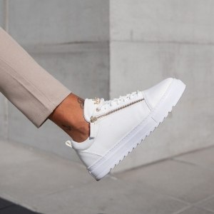 Men's Low Top Sneakers Gold Zipper Designer Shoes White - 5