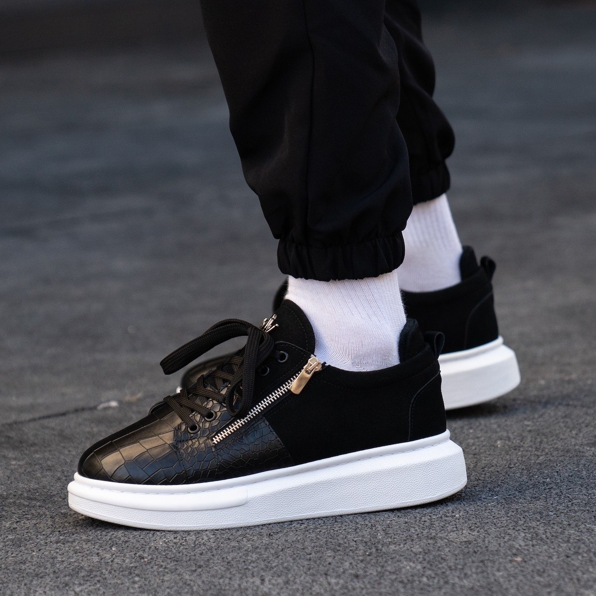 Hype Sole Zipped Style Sneakers in Black Suede Crocco Design | Martin Valen