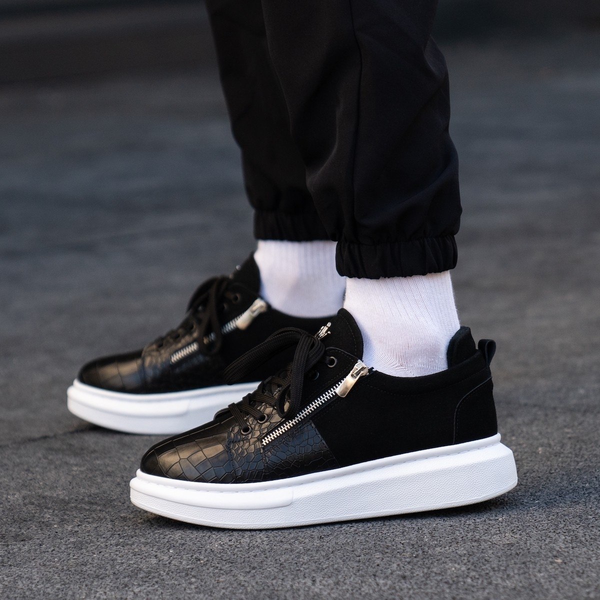 Hype Sole Zipped Style Sneakers in Black Suede Crocco Design | Martin Valen