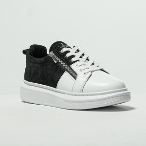 Premium Leather Designer Silver Zipped Sneakers Black White