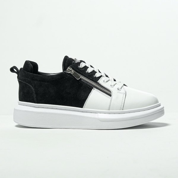 Premium Leather Designer Silver Zipped Sneakers Black White - 1