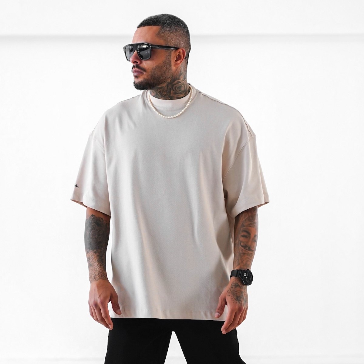 Men's Oversize Sleeve 3D Printed Beige Heavy T-Shirt | Martin Valen