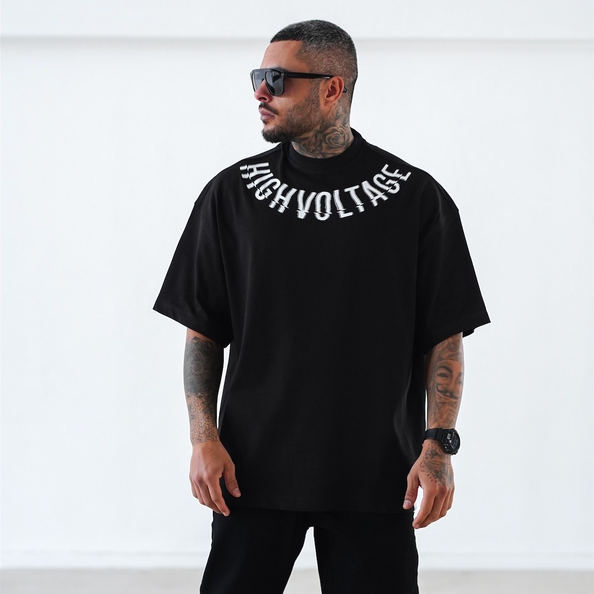 Men's Oversize Collar Screen Printed Black Heavy T-Shirt | Martin Valen
