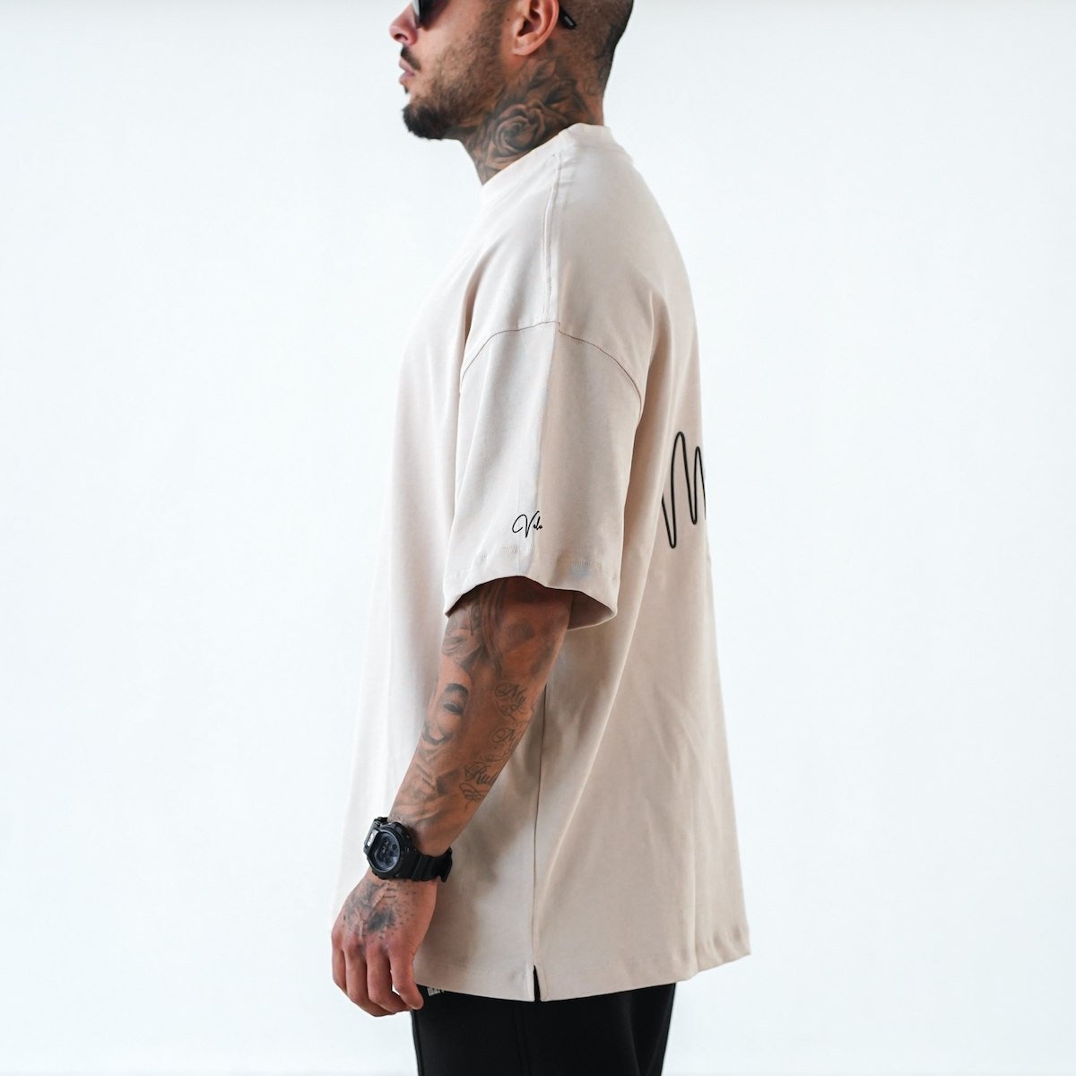 Men's Oversized Chest Sleeve and Back 3D Printed Beige Heavy T-Shirt | Martin Valen