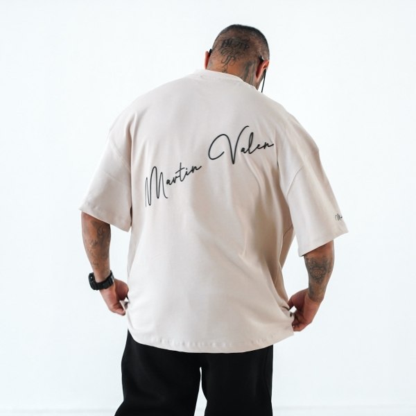 Men's Oversize Chest Sleeve and Back 3D Printed Beige Heavy T-Shirt