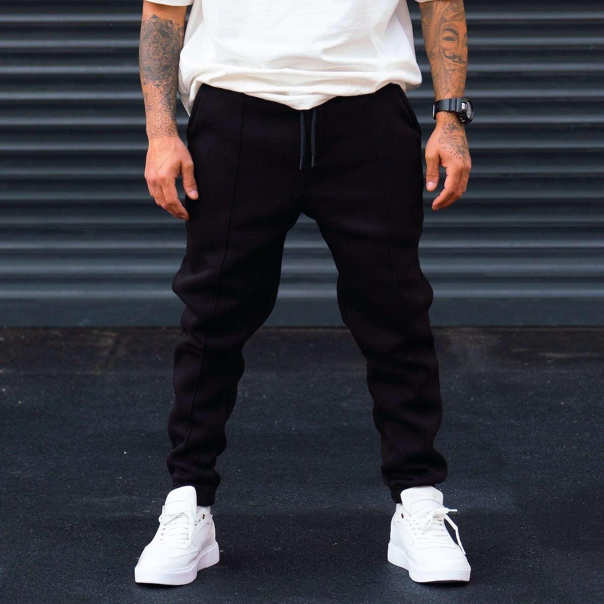 Oversized Wick Front Detailed Heavy Jogger Black - 1